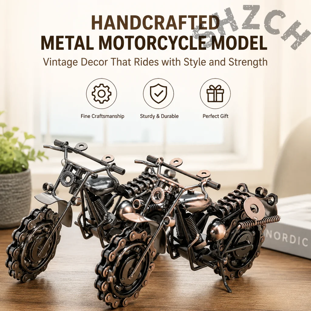 21cm Vintage Metal Motorcycle Model – Retro Iron Motorbike Figurine for Home, Office, or Display Collection