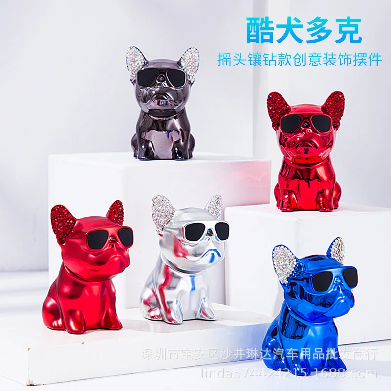 

Cartoon Creative Electroplated Sunglasses Shaking Dog Figures Diamond-bordered Car Interior Miniature Ornament Accessories