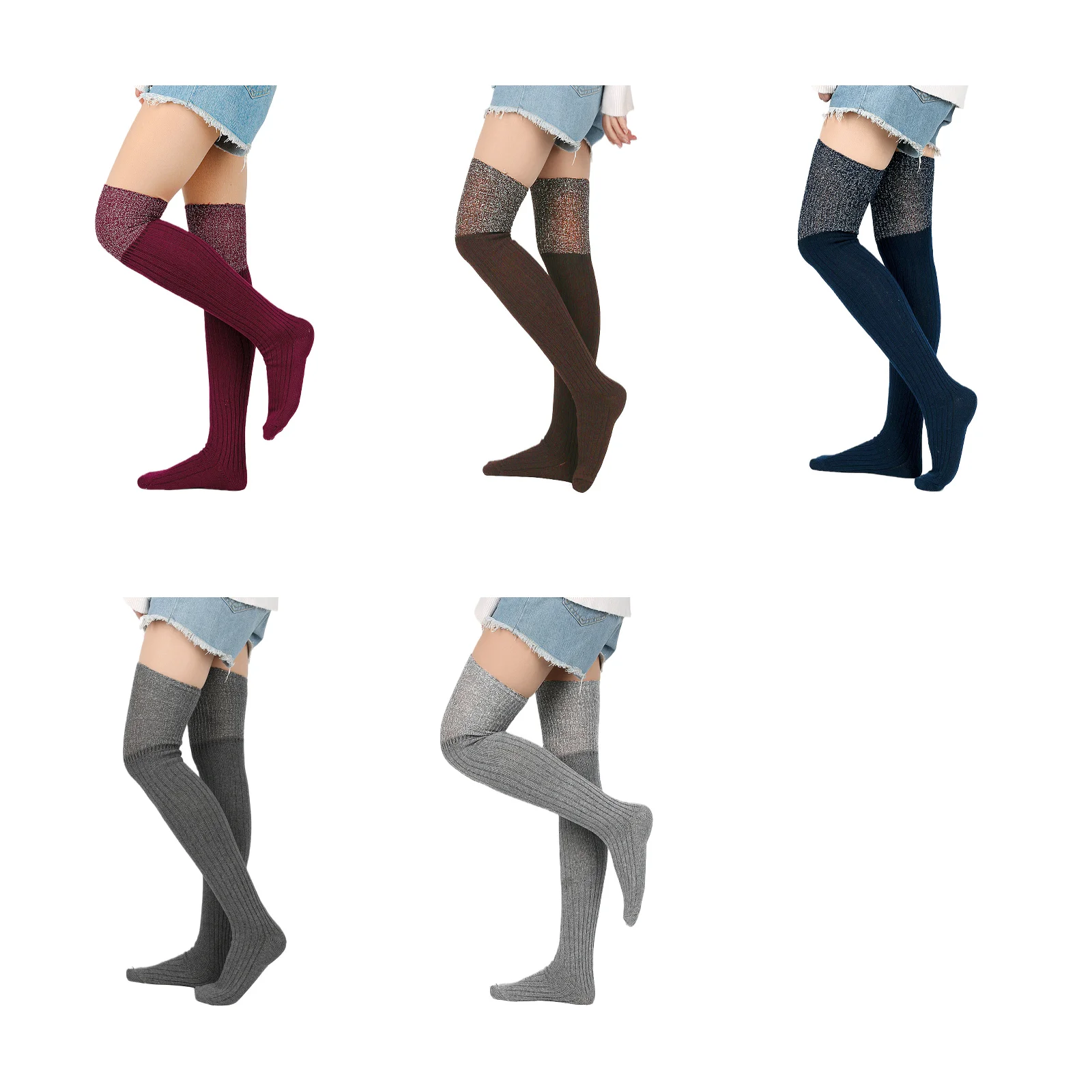 Fashionable silk high-top knee socks 5-color combination (burgundy/coffee/navy blue/grey/light gray)