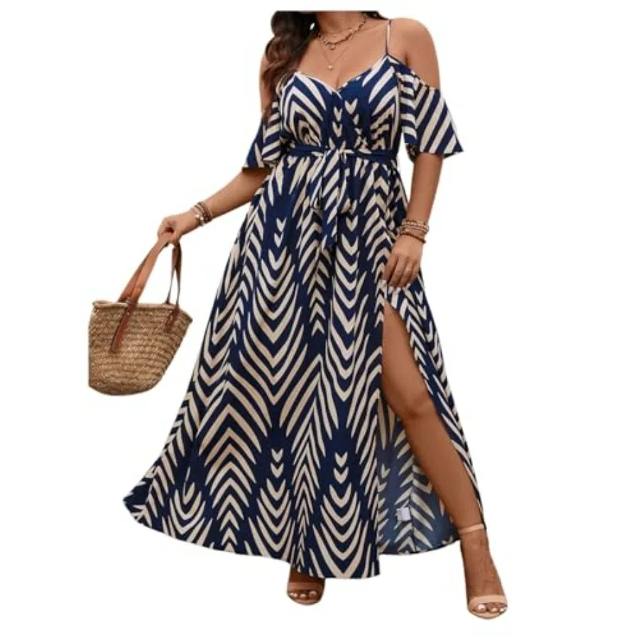 

Floerns Women's Plus Size Cold Shoulder Short Sleeve Split Thigh Long Dress
