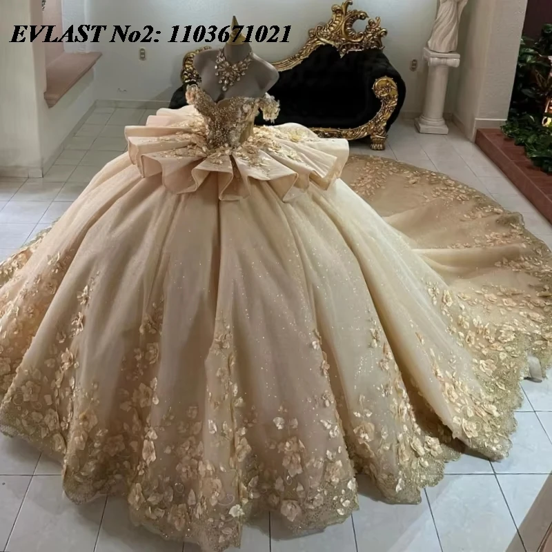 

EVLAST Customized Shiny Champagne Quinceanera Dress Ball Gown Floral Applique Beading Corset Sweet 16 Vestidos De 15 Anos E2Q14
