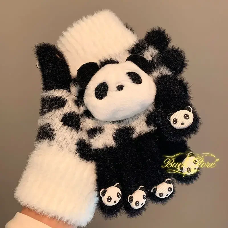 Cute Little Panda Plush Knitted Five Finger Gloves for Women Winter Touchable Screen Cold Proof Cycling Electric Scooter Warmth