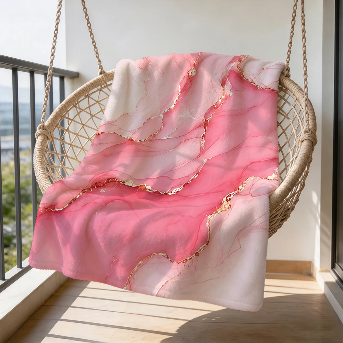Pink Marble Gold Veins Flannel Blanket Warm Soft Halloween Christmas Couch Warm Cozy Decorative Decor Gift for All Season