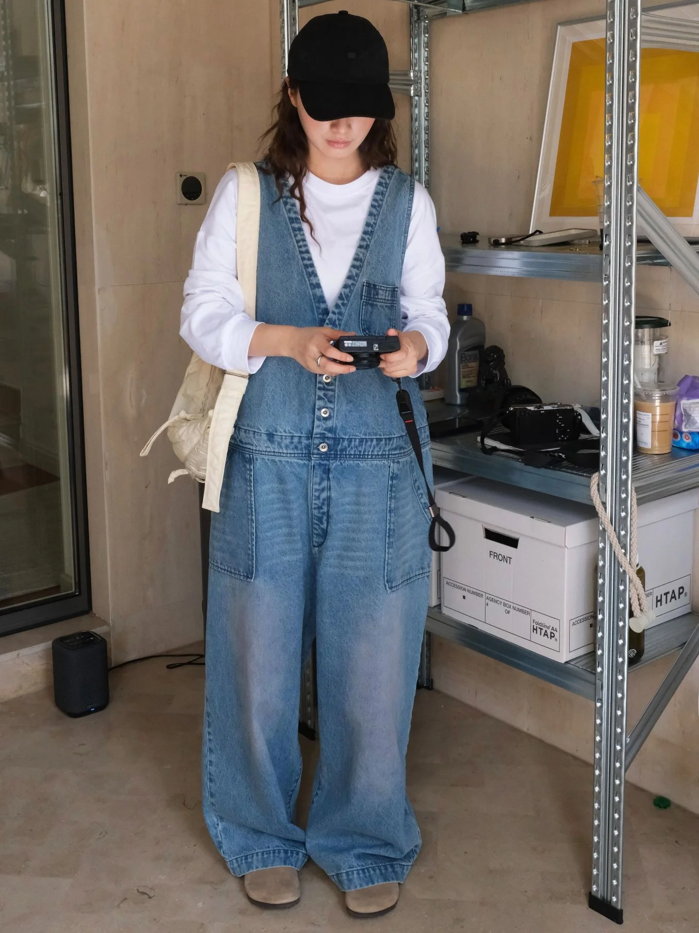 

Comfortable V-Ne Denim Overalls Loose Workwear Pants Wide Leg Cool Sli Women's Jeansalls l Waist Cotton Fabric