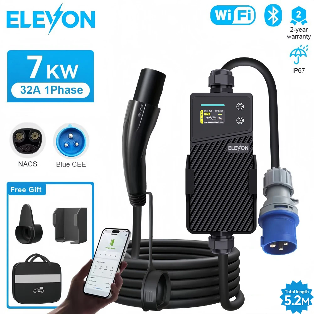 ELEVON EV Portable Charger Wallbox TS-NACS 32A 7KW 1Phase APP Control EVSE Portable Charging Box for Tesla Cars Models 3/Y/S/X