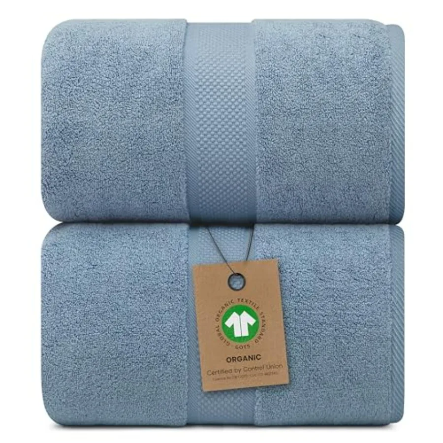Luxury bath sheets for home spa use, 100 organic long-staple cotton, chambray color, GOTS certified, zero-twist ultra-soft text