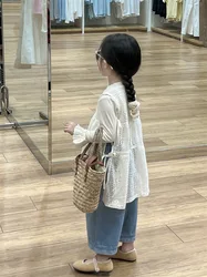 Girls Casual Dresses Childrens Skirt Autumn Baby Korean Solid Color Hollow Out Flower Children Versatile Loose Long 2024