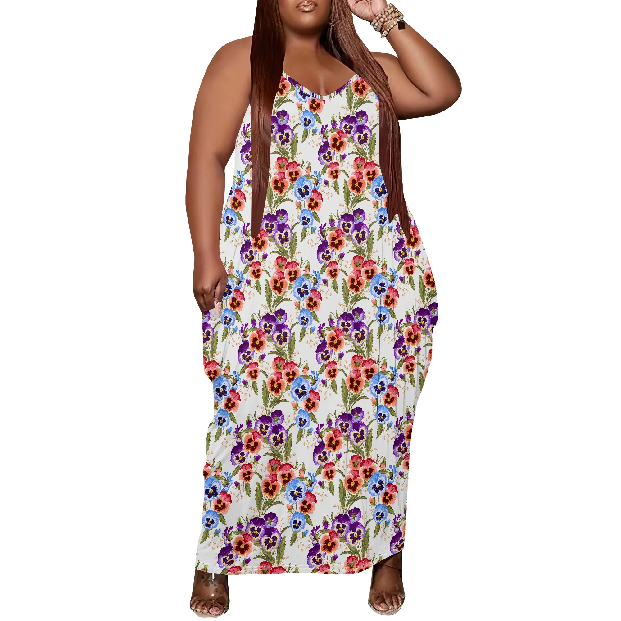 

Women Plus Size Dress Floral Print Loose Slip Long Dress with Pocket Elegant Tropical XL-6XL