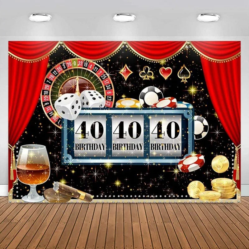 Casino Happy 40th Party Birthday Backdrop Las Vegas Poker Dice Banner Decoration Curtain Casino Night Men Photography Background