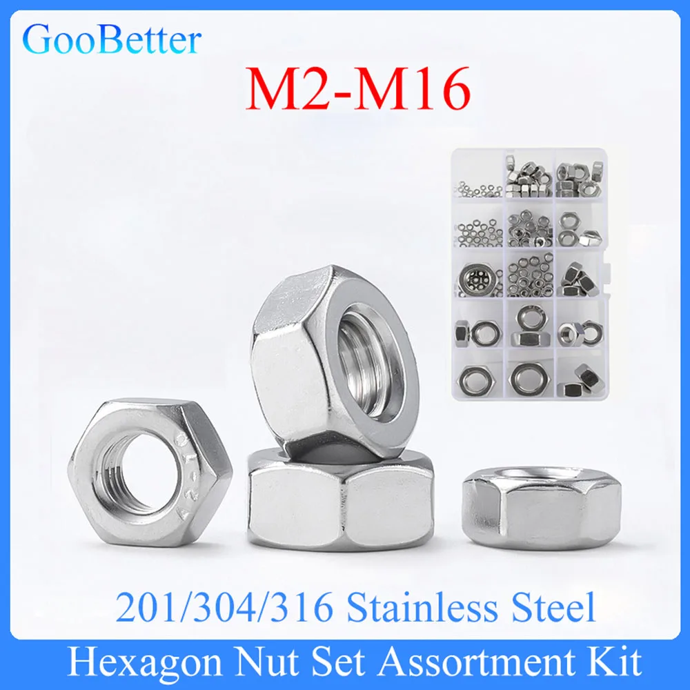 

141Pcs Hexagon Nuts Set M2 M2.5 M3 M4 M5 M6 M8 M10 M12 M14 M16 201/304/316 Stainless Steel Hex Hexagon Nut Set Assortment Kit