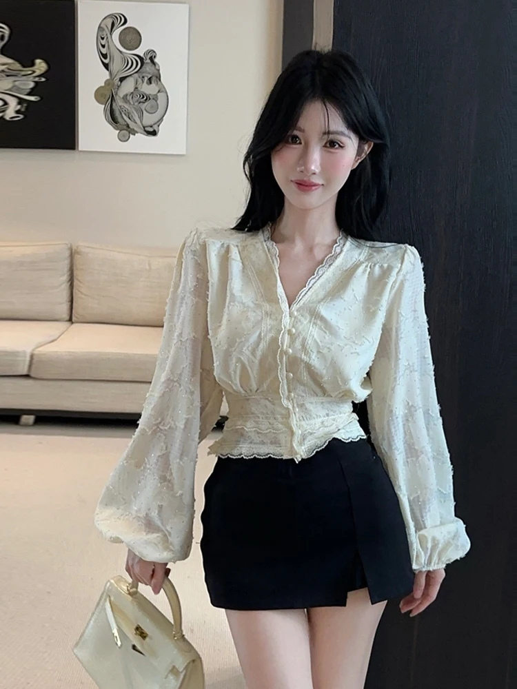 

Elegant Long Sleeve Diamond Embellished Waist-Cinched V-Neck Shirt Slimming Versatile Women's Fashion Casual Breathable
