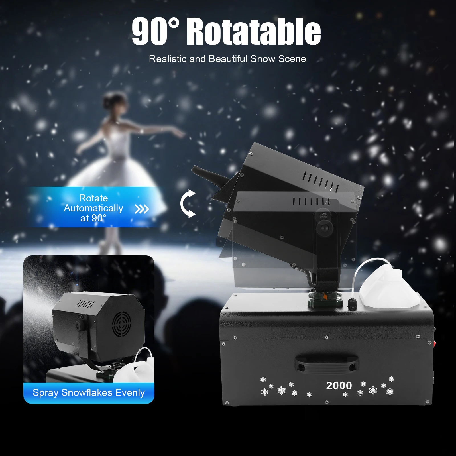 

1059ft³ Wireless Remote Control Stage Snow Machine Snowflake Maker for Wedding Parties Photography Decoration 2000W 90° Rotation