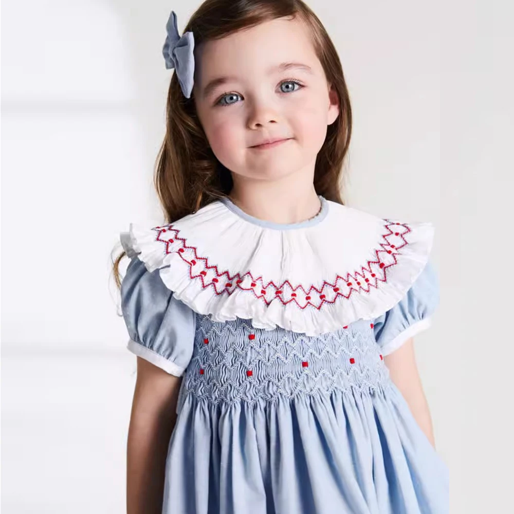 2024 Clibeso Boutique Design Summer Dress for Kids Girl Children Handmade Embroidery Smocked Blue Dresses Infants Elegant Outfit