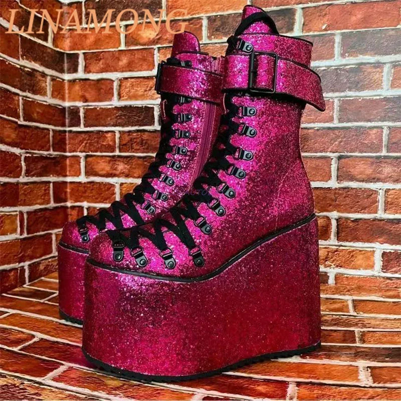 

Thick Soled Sloping Heel Short Boots Fluorescent Rose Red Belt Buckle Decoration Lace Up Side Zipper Minimalist Ankle Boots