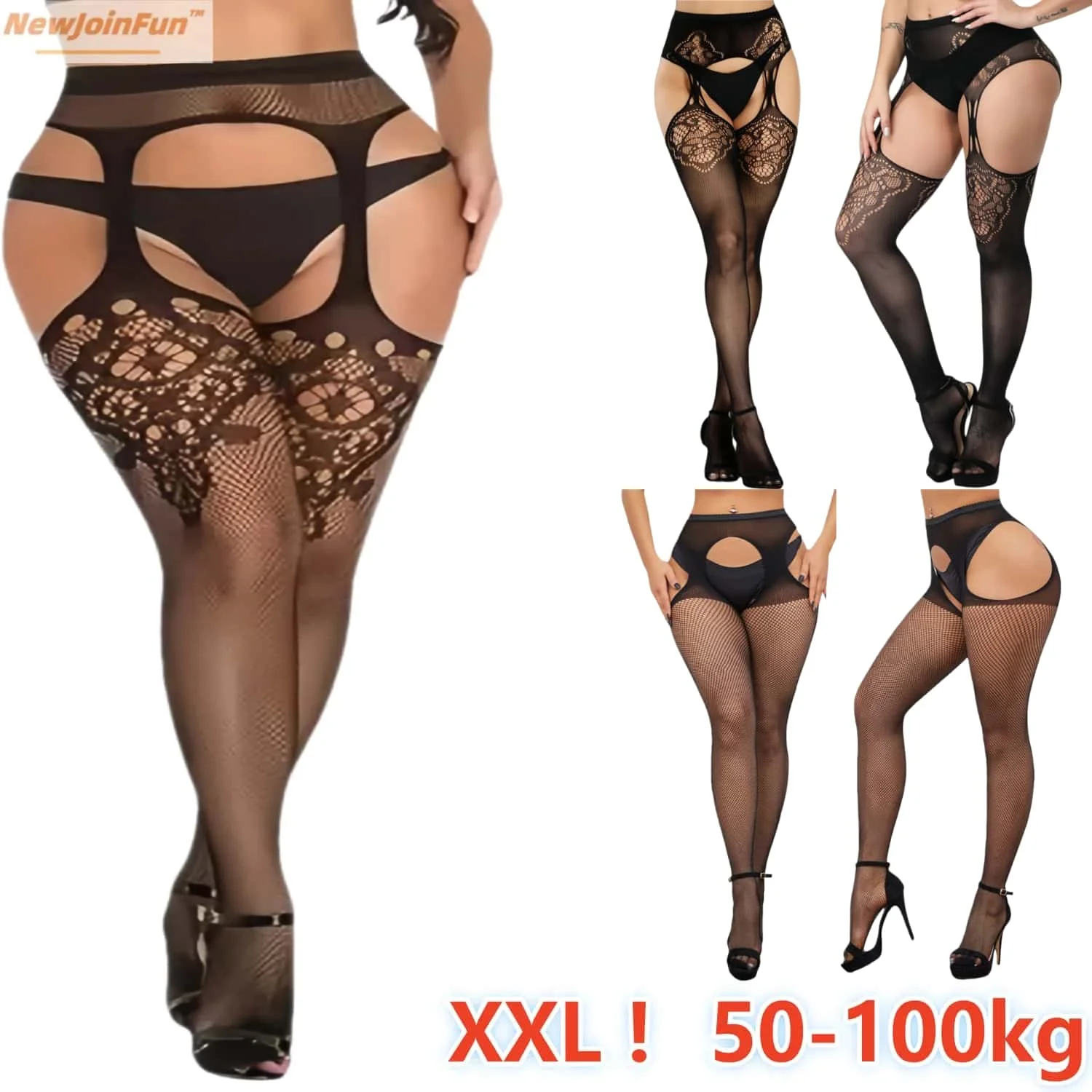 

Plus Size High Waist Suspender Garter Belt Fishnet Thigh Stockings Pantyhose Open Crotchless Sexy Body Suit Tights for Woman XXL