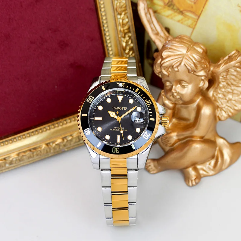 

A men's two-tone gold and black steel strap business-style fully automatic mechanical watch with accent lines
