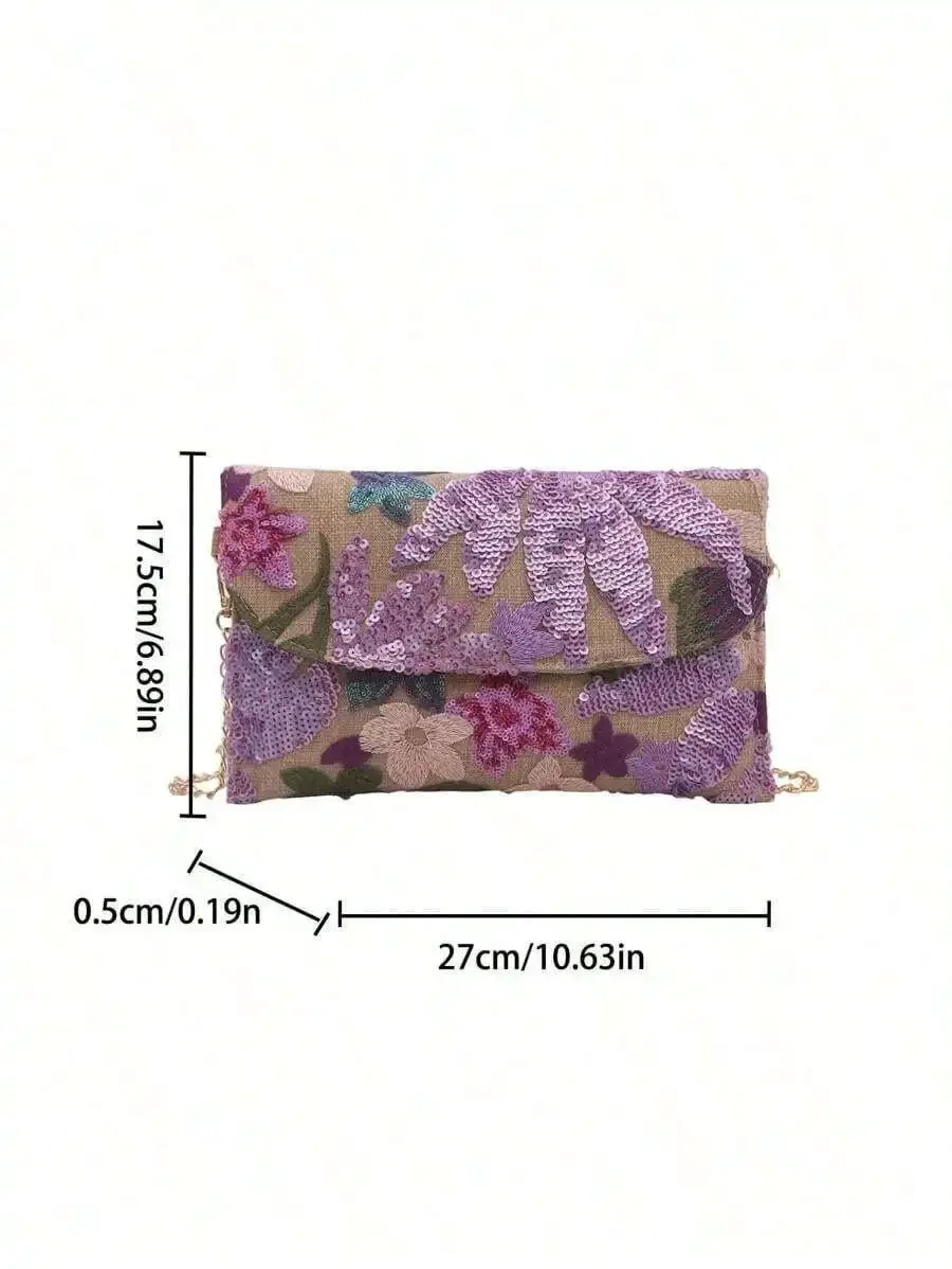 

Sequin Embroidered Floral Envelope Clutch Bag For Women Party Evening