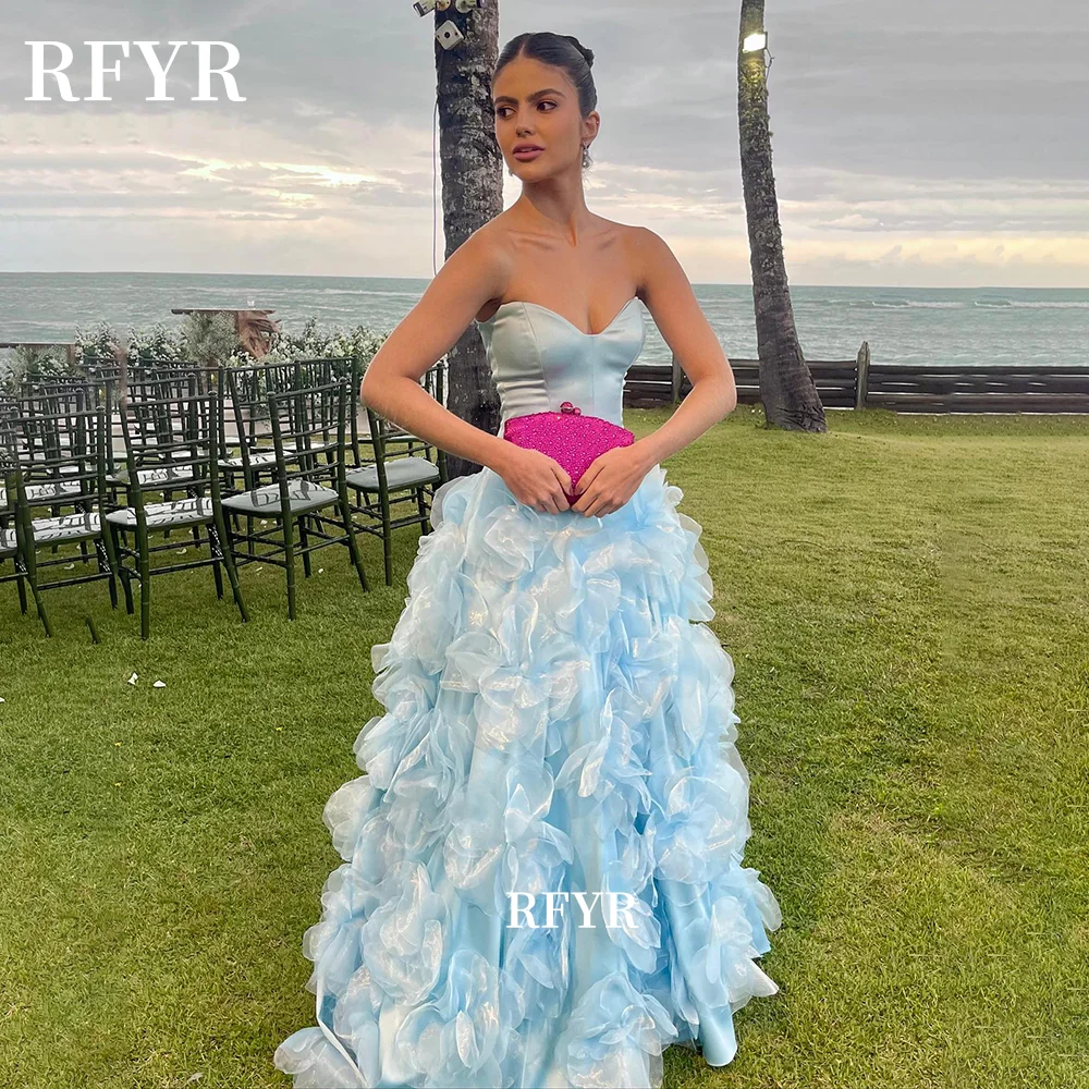 

RFYR Blue Evening Dress Sweetheart Prom Dress with 3D Flowers Princess Dress Elegant Fairy Gowns فساتين مناسبة رس