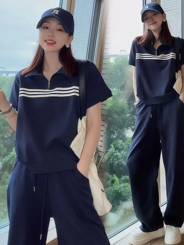 plus Size Sportswear Set Women Summer New Stand Collar Short Sleeve Top Wide Leg Pants Two Piece Set Casual Comfortable Fashion