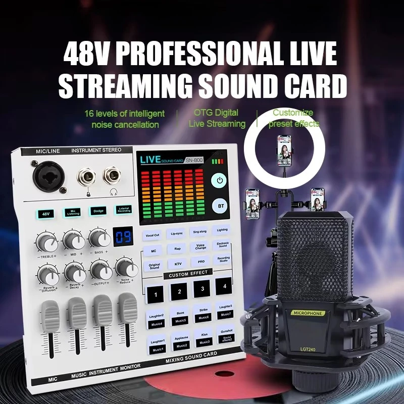 Professional SN800 sound card kit with U68 wireless microphone RGB audio mixer 48v phantom power for live recording