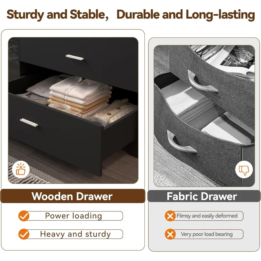 Wooden 6-Drawer Dresser with Integrated Power Outlets and Large Storage Organizer in Black Finish Tall Modern Chest of Drawers