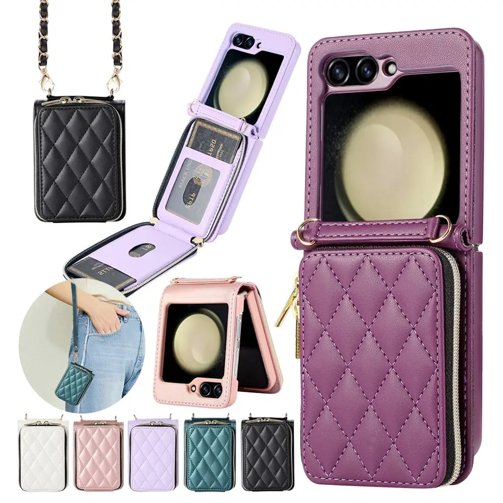 

Crossbody Wallet Case For Samsung Galaxy Z Flip 7 6 5 4 3 Flip6 Flip5 Flip4 Phone Cover Leather Case Zipper Card Bag Lanyard