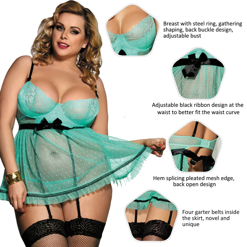 Ohyeahlady Lace Suspender Nightdress Mini See Through Lingerie Sexy Nightgown Babydoll Plus Size Underwire Garter Sleepwear Set