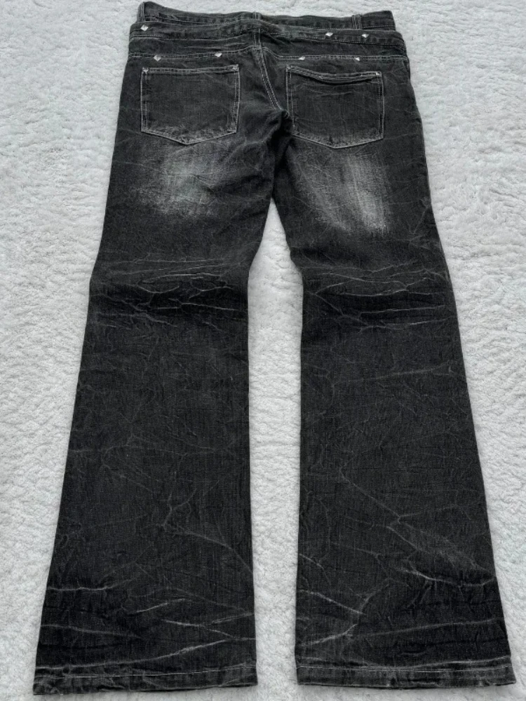 HOUZHOU Vintage Double Waisted Lace Up Micro Women Flared Jeans Y2K Washed Wide Leg American Style Denim Pants Baggy Streetwear