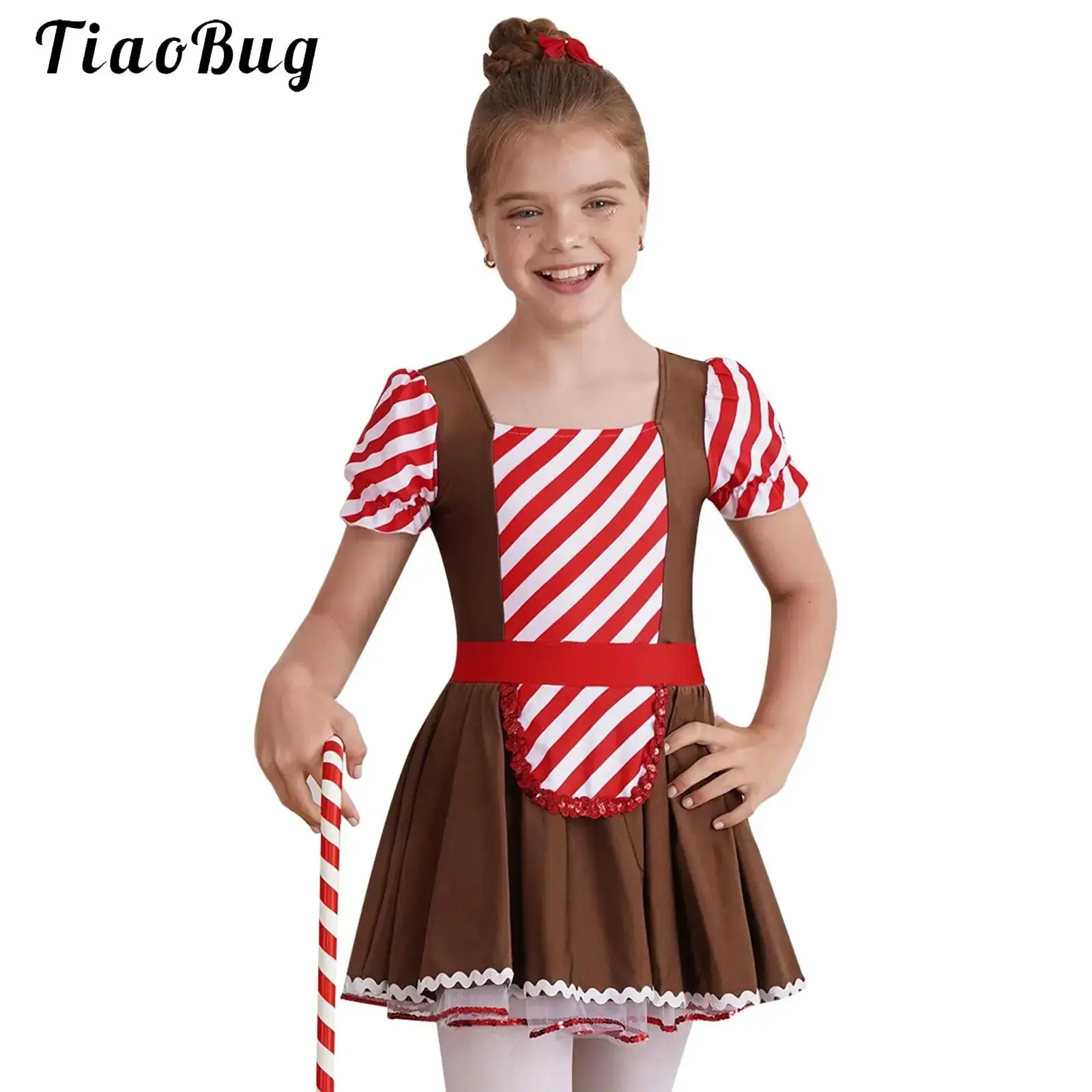 

Детский рождественский танцевальный костюм для девочек, балетная пачка в полоску, танцевальное платье, пряничный человечек, нарядное платье на Хэллоуин