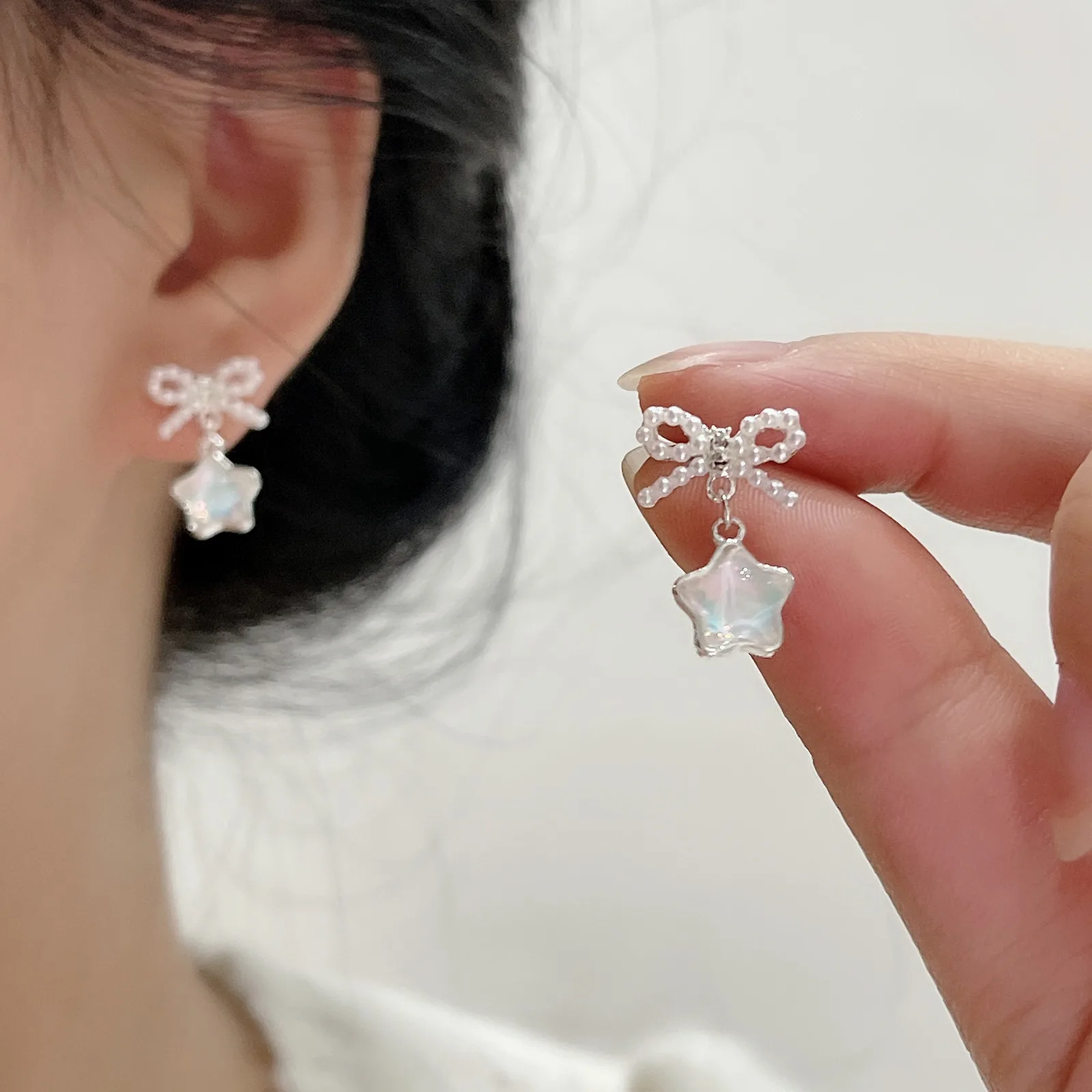 Star Pearl Earrings Silver Post Ocean Blue Elegant Refined Unique Design Women Daily Office Party Summer Jewelry