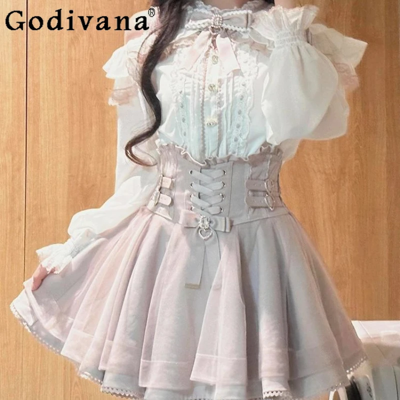 

Off Shoulder Shirt and Pink Skirt Outfits for Women Japanese Style Lolita Skirt Set Female High Waisted Two Piece Sweet Suit