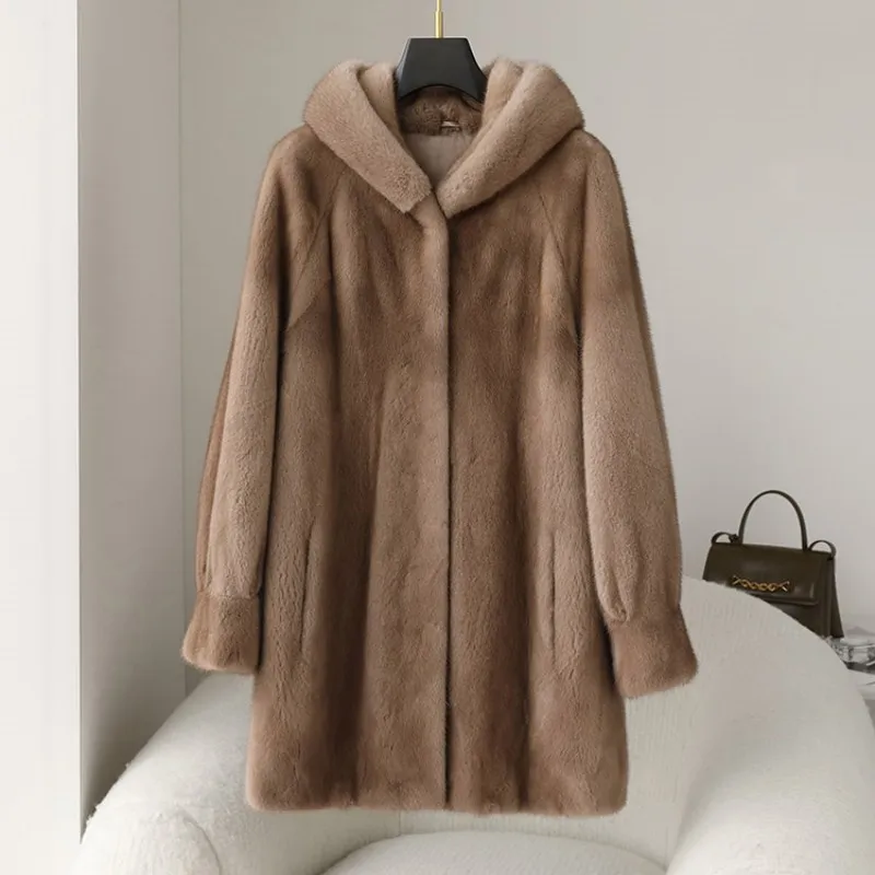 Abrigo largo de piel de visón Real para mujer, chaqueta de talla grande, 2023 Natural, con capucha, a la moda, para invierno, novedad de 100%