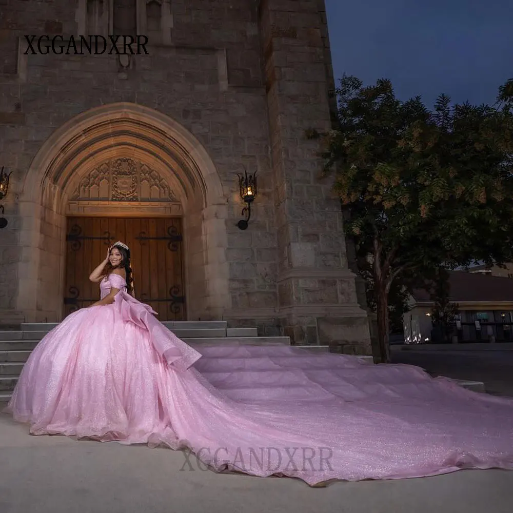 

Luxury Pink Long Train Ball Gown Quinceanera Dresses 2026 Big Bow Pleat Floral Appliques Ruffles Corset Vestidos De 15 Años Gala