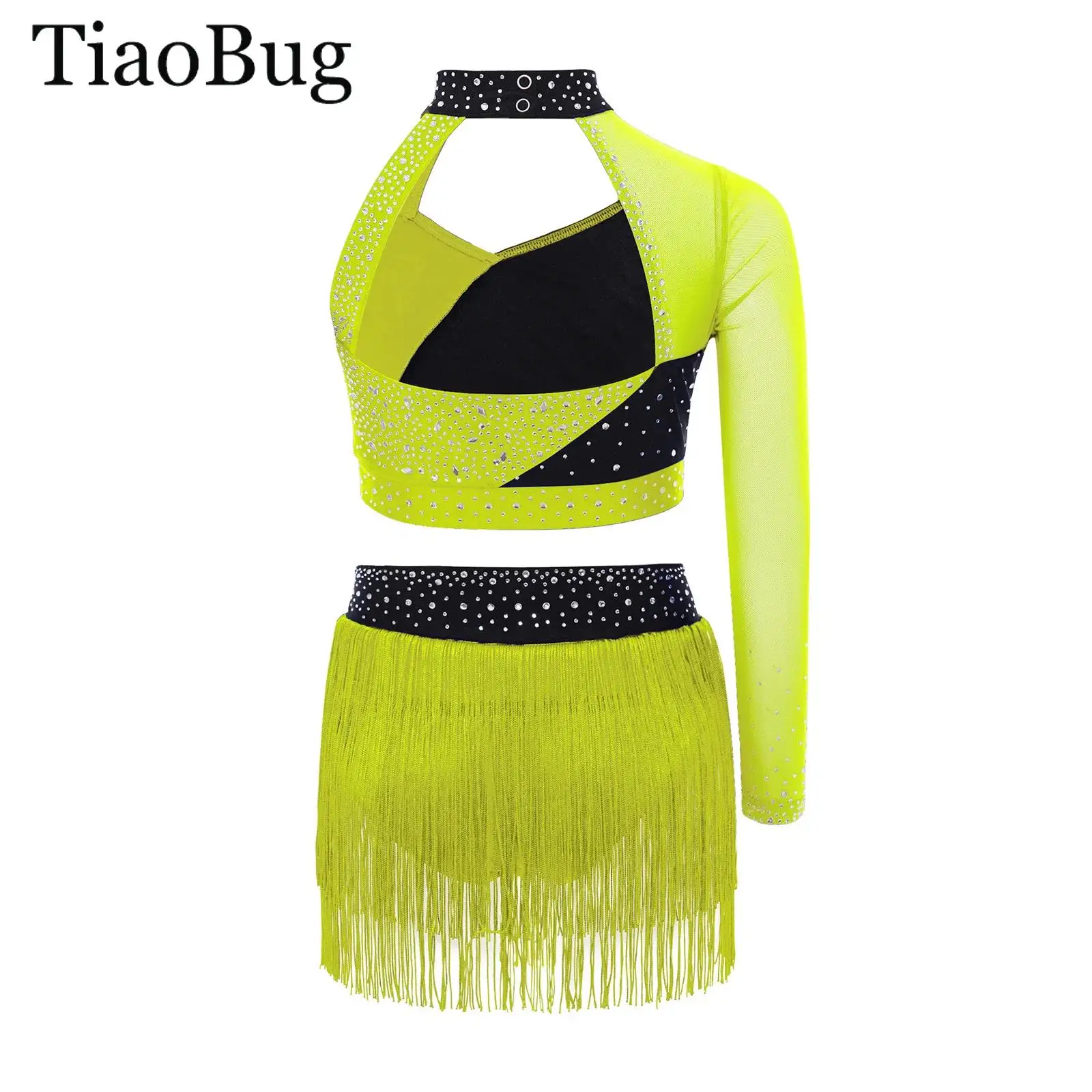 

Girls Lyrical Ballet Dance Outfit One Shoulder Long Sleeve Sheer Mesh Rhinestones Crop Top +Tassels Briefs Skirt Latin Dancewear