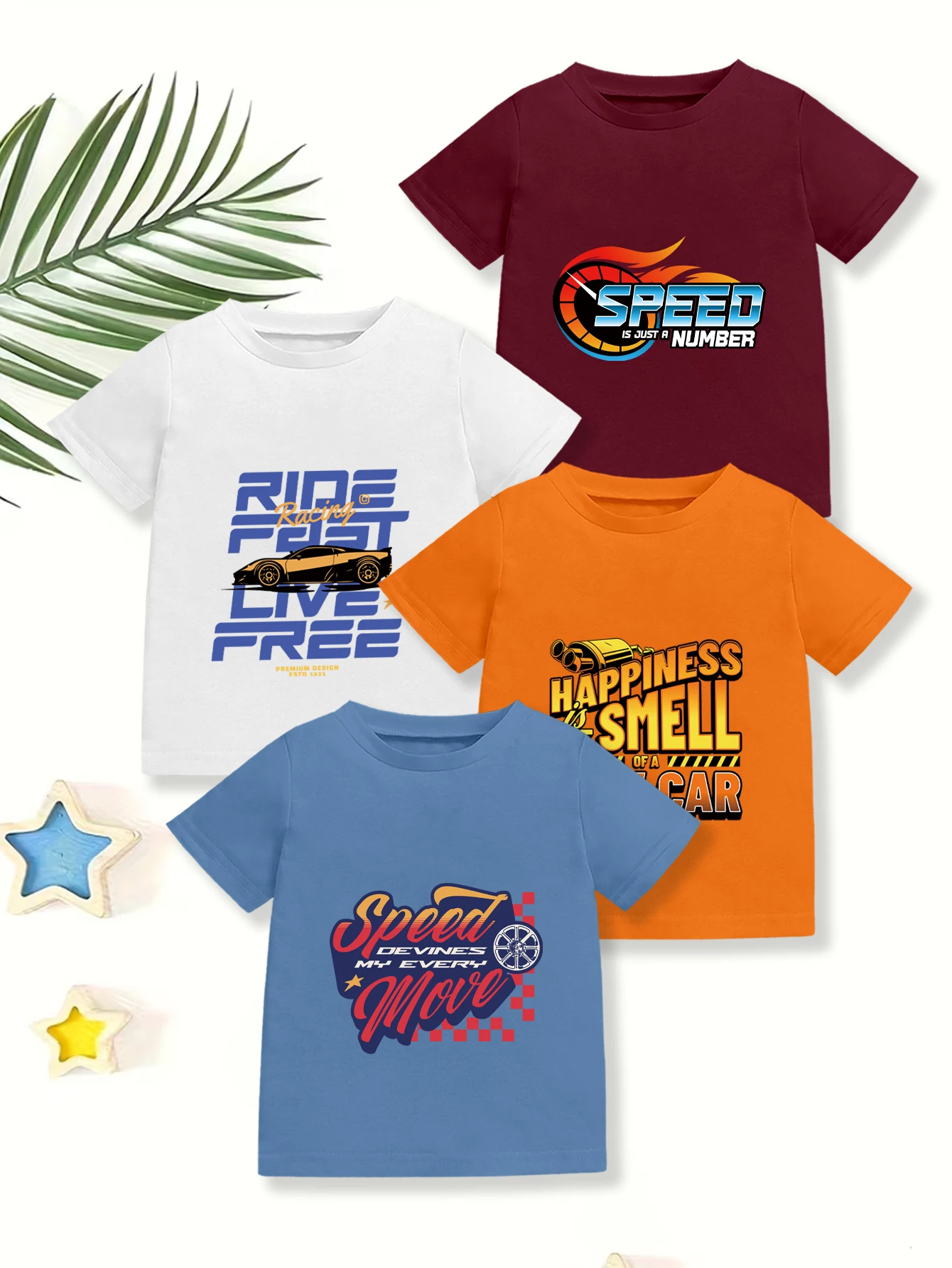 4 pieces: Boys Daily Casual T-shirt English Car Wheel Sports Car Print Summer Tee