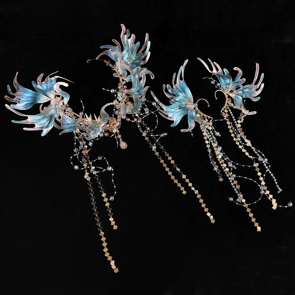 Hair Crown Tassel Super Fairy Headdress Hairpin Hair Ornament Hanfu Mermaid Hairpin Blue Antique Forehead Ornament Advanced Sens