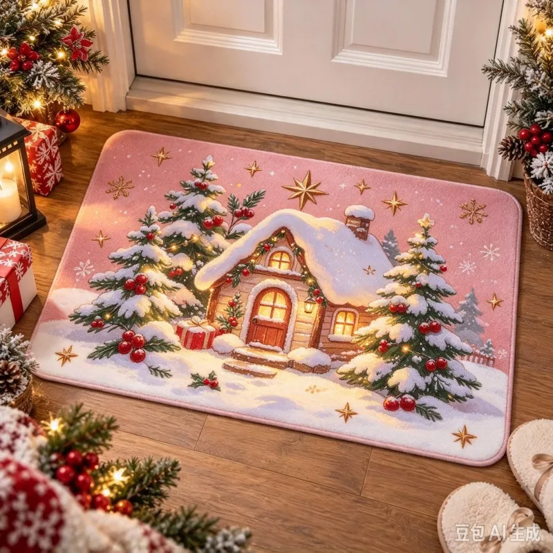 VIKAMA Cartoon Red Nose Reindeer Doormat, Machine Washable & Noise Reduction Rug for Indoor Doorway Bedroom, Home Decor