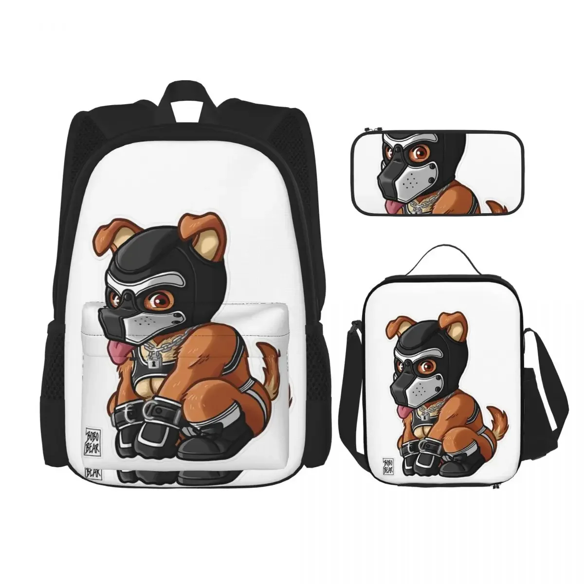 PLAYFUL PUPPY - WHITE MASK - BEARZOO SERIES Backpack Bookbag School Bags Cartoon Kids Rucksack Lunch Bag Pen Bag Three-Piece Set