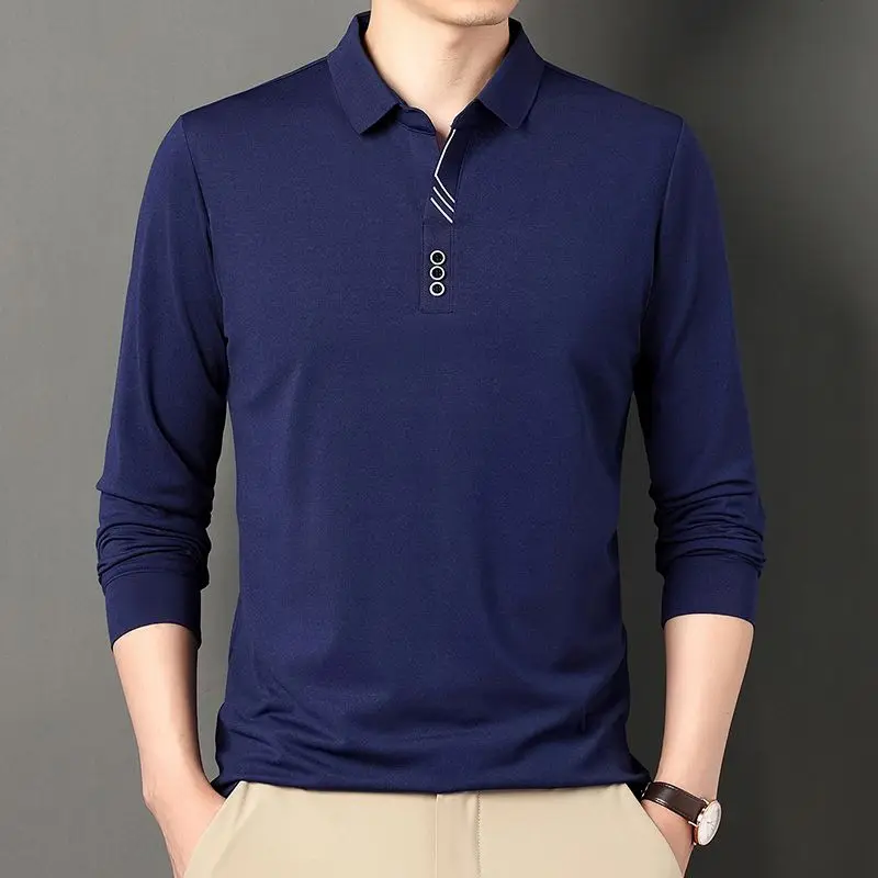 

Spring Solid Color Turn-down Collar Long Sleeve Polo Shirts Man Loose Casual Formal Pullovers All-match Cotton Men's Clothing