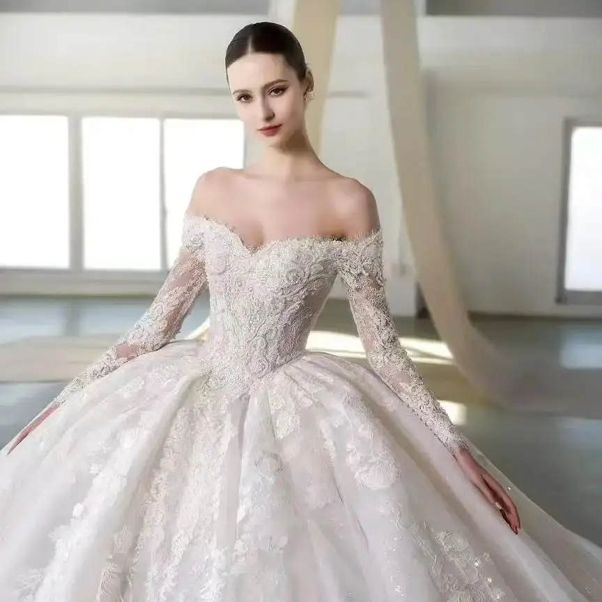 

Kisswhite LTT Collection Customized Lace Long Sleeves off the shoulder Wedding Dress