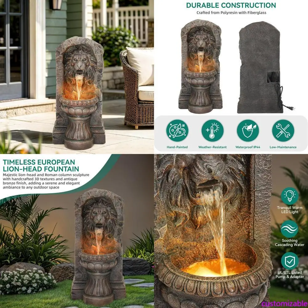 Majestosa fonte de água externa de bronze falso com cabeça de leão de 30 polegadas com design de 2 camadas, luzes LED e recurso de água em cascata calmante