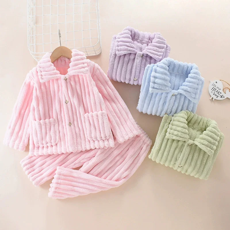 Kids Fleece Sets Boys Girls Winter Thick Suit Autumn Warm  Flannel Pajama Outfits Kids Lapel Tops Pants 2Pcs Children Clothing