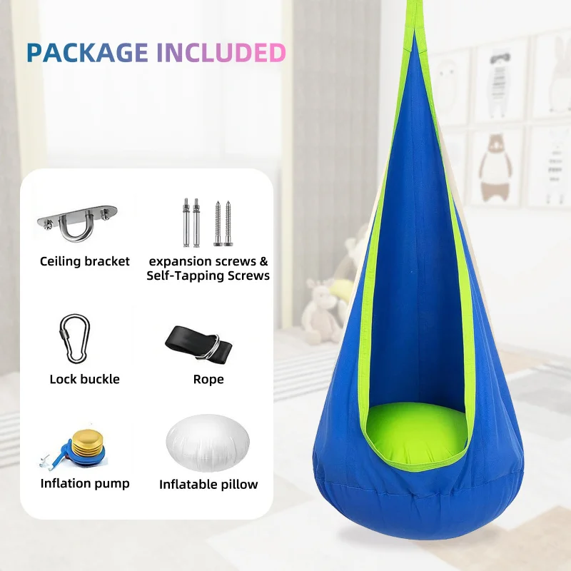 Children Hanging Pod Swing Hammock Chair With Inflatable Cushion & Side Pocket Portable Sensory Swing For Kids Indoor Outdoor image 5