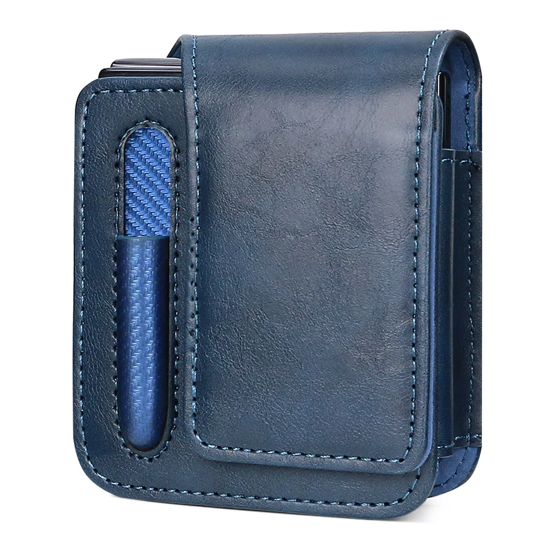 حقيبة خصر للهاتف المحمول من جلد البولي يوريثان لهاتف سامسونج جالاكسي Z فليب 6 5 4 3 مع حامل قلم، إغلاق مغناطيسي، أزرق
