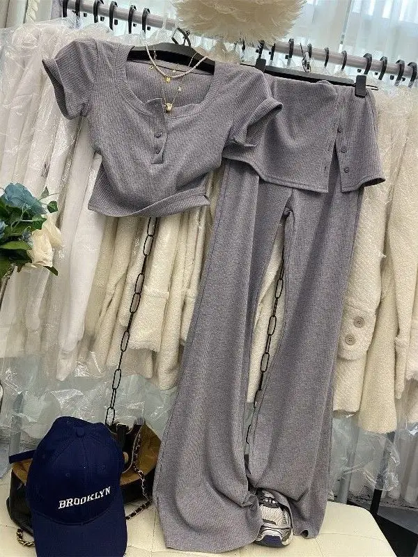 Summer New Fashion Knitted Slimming Short Sleeve Two-Piece Set High Waist Wide Leg Pants Breathable Casual Style Women's Ense...