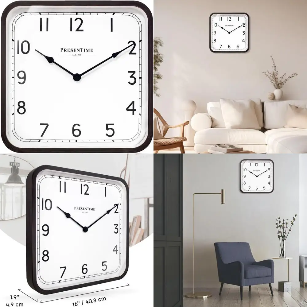 

16 Anton Silent Modern Farmhouse Square Wall Clock, Oil Rubbed Bronze, Home Decor Art Timepiece