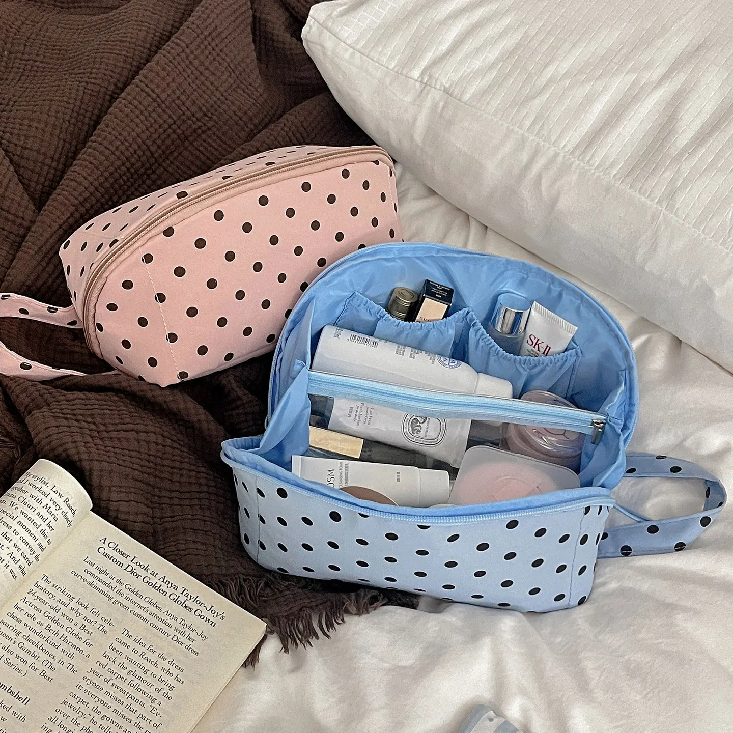 Große offene Make-up-Tasche, dreidimensionale vertikale Desktop-Reisetasche, vielseitige Wellenpunkt-Aufbewahrungstasche für Kosmetik – Detail 10