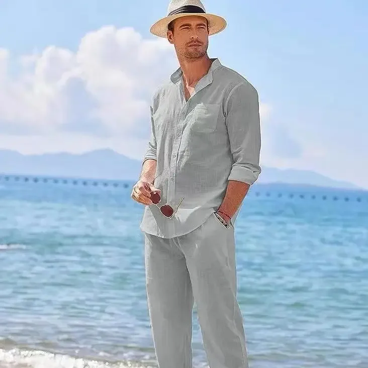 Mens Casual Linen Two Piece Sets 2024 Europe Style Vintage Basic Tops and Solid Pants Suit Male Beach Tracksuits Set