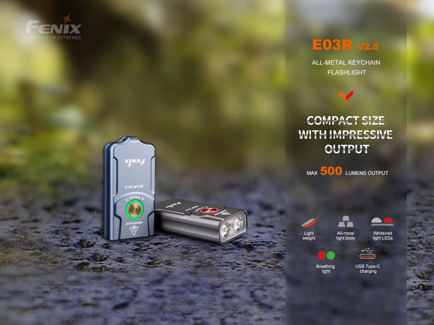 FENIX E03R V2.0 mini Keychain Flashlight 500 lumens Built-in 400mAh Battery USB Type-C charging EDC Light