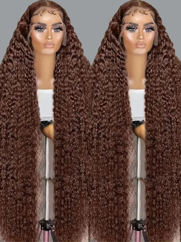 

200% Chocolate Brown Deep Wave Human Hair Wig 30 34Inch Transparent Lace Frontal Wigs For Women 13x6 Lace Front Water Wigs